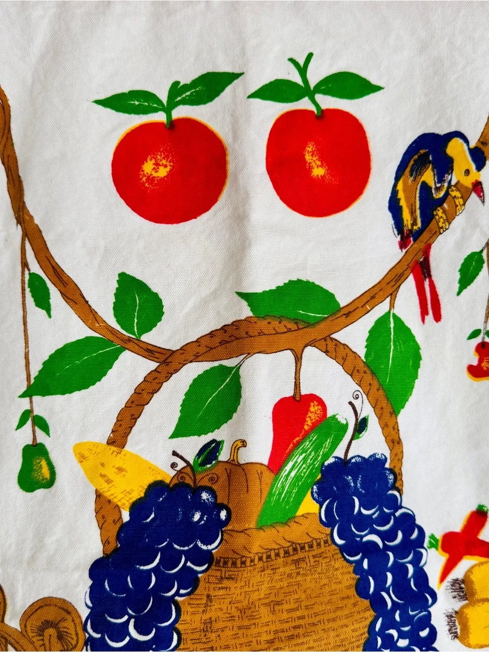 Vintage Whimsical Fruit & Harvest Basket Printed Tea Towel